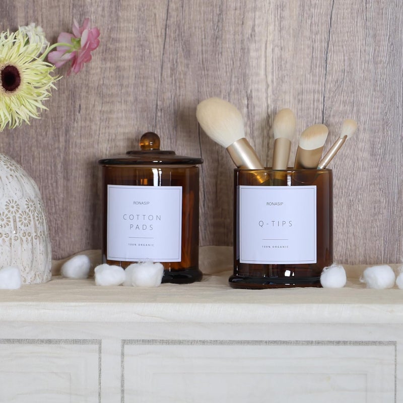 Ronasip Qtip Holder & Cotton Pad Dispenser, Bathroom Organizer and Storage Canisters, 16oz Glass Apothecary Jars for Kitchen, Restroom - Home Decor Accessories, Room Decor Aesthetic (2 Pack, Amber) - Image 3